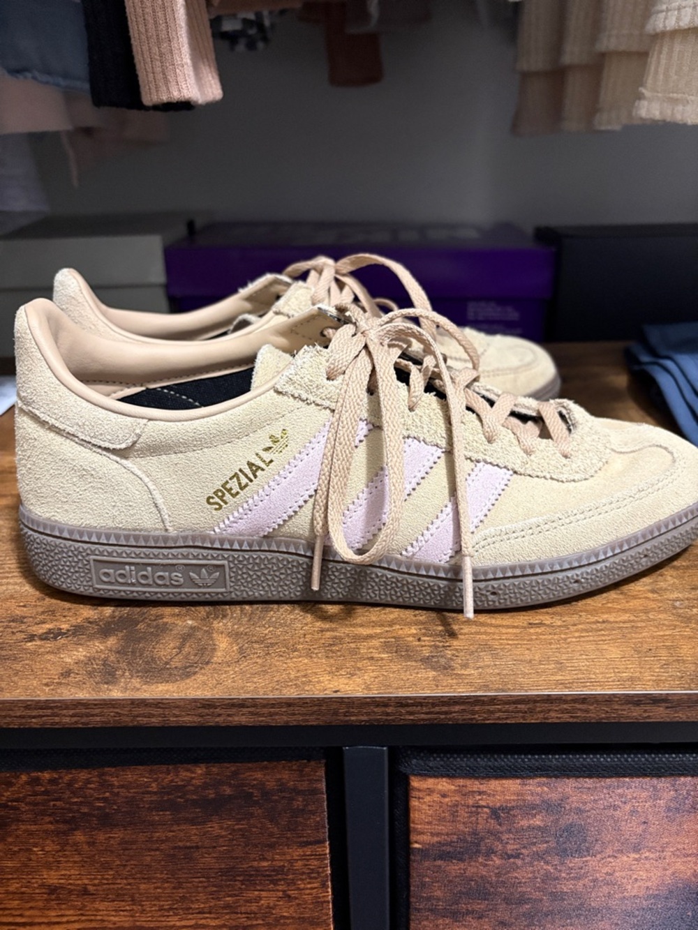 adidas Handball Spezial Suede Sneakers in Warm Sandstone and Clear Pink